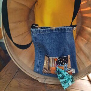 DENIM DOGGY WALKER WATER, PHONE AND POOPY BAG HOLDER.